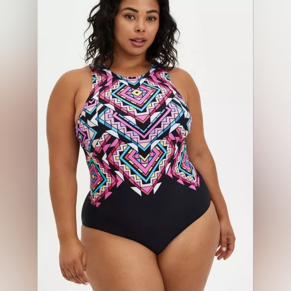 torrid Black One-Piece Swimsuit with Pink & Blue Geometric Print